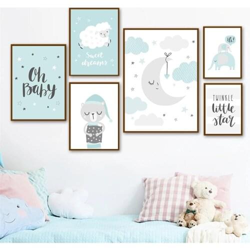 Clouds Moon Wall Art Poster Nursery Canvas Print Blue Cartoon Elephant Art Painting Nordic Wall Pictures Kids Baby Room Decor