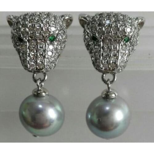 Charming 10-11 mm tahitian round grey pearl earring