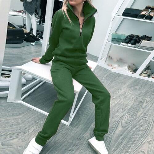 Autumn 2019 Fashion Solid Zipper Sweatshirt Pant Two Piece Set Women Blouse Trouser Tracksuit Women Fleece Conjuntos De Mujer