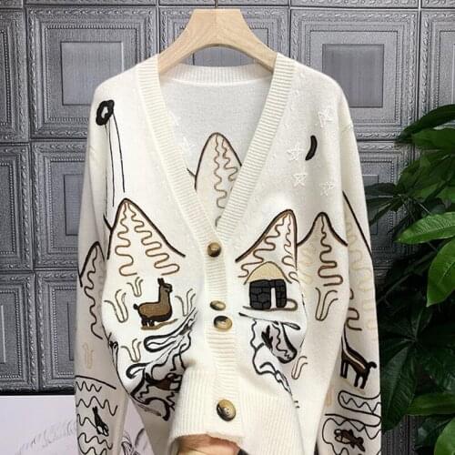 2020 Autumn Animal eEmbroidered Knit Cardigan Women V-neck Cashmere Sweater Womens Funny Loose Knitted