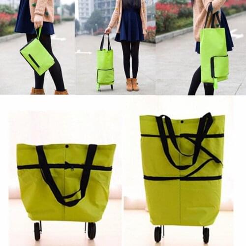 Portable Tote Tug Bag Wheels Shopping Travel Foldable Handbag on Reusable Rolling Oxford