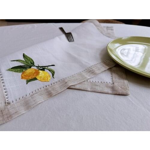 Practical & Versatile Napkin with Handmade Hemstitch, Elegant Linen Look, Table Decoration, Lemon Embroidery