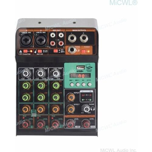Pro 4 Channel Bluetooth Sound Mixing Console Mixer 2 XLR or 6.35mm 2 RCA Phone Plug Input 48V Phantom Power USB