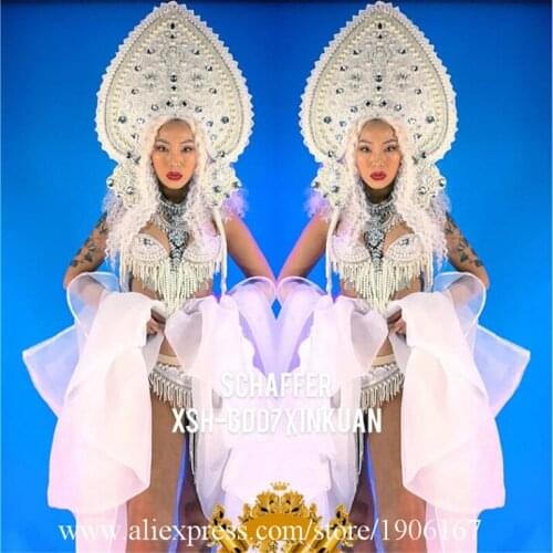 Christmas Sexy Lady Party Evening Dress With Pearl Headdress Nightclub Catwalk Show Ballroom DS Valentine Performance Costumes