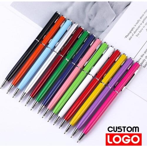 Metal Ballpoint Pen Custom Logo Text Lettering Slender Style Gift Pen Advertising Pen School Stationery 14 Colors Available
