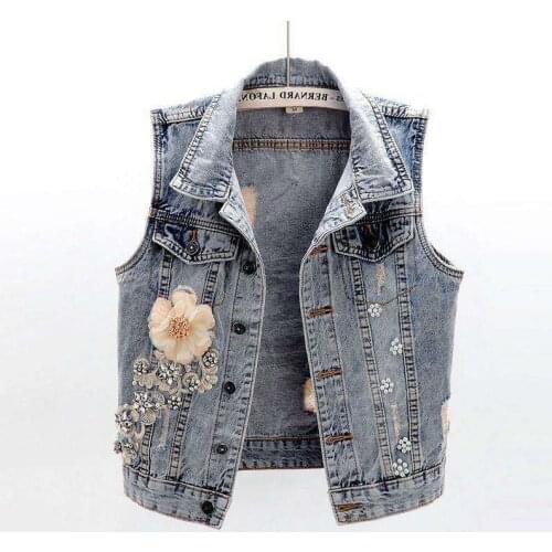 Student Vest Slim Short Jacket Embroidery Sleeveless Jeans Vest Womens Leisure Waistcoat Hole Denim Girls Small Vest Jacket