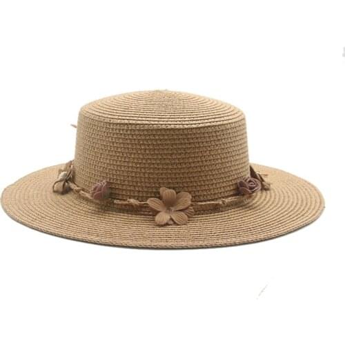 Women summer hats flat top khaki coffee black flower band sun straw hats paper solid casual outdoor beach decorate women sun hat
