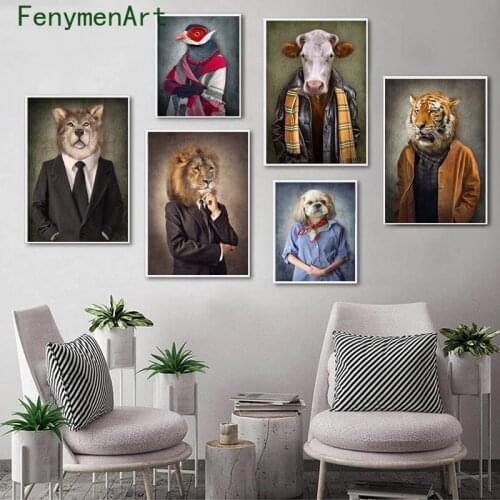 Modern Animals Canvas Painting Lion Elephant Deer Cow Dog Bird Portrait Poster Print Nordic Wall Art Picture Office Home Decor