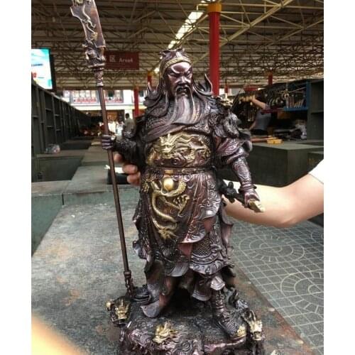 Tibetan Red Bronze Copper Nine Dragon Guan Gong Guan Yu warrior Buddha Statue about 50cm