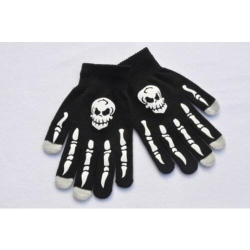 Unisex Adult Halloween Skeleton Skull Half Finger Gloves Glow in Dark Fingerless Stretch Knitted Winter Mittens Black Gloves