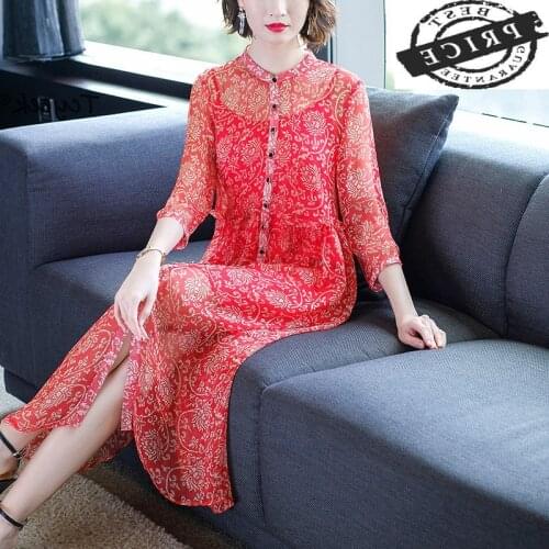 Spring Vintage Summer Real Silk Dress Women Elegant Beach Boho Floral Vestidos Korean Long Evening Party Dresses 6aa5a
