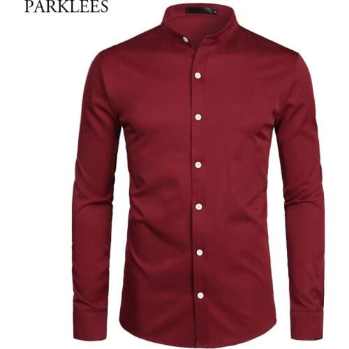 Wine Red Slim Fit Dress Shirts Men Brand Banded Collar Long Sleeve Chemise Homme Casual Button Down Shirt for Busienss Men S-2XL