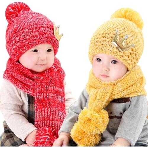 Crochet Baby Hat Scarf Set for 5 to 36 Months Child Boys Girls Crown Logo Style Soft Cap Very Warm Cozy in Winter