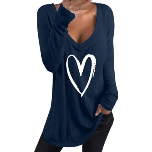 Women T-shirt Clothing Sexy Deep V Neck Love Heart Print Cotton Blend Women Long Sleeve Tunic vêtement femme футболка женский