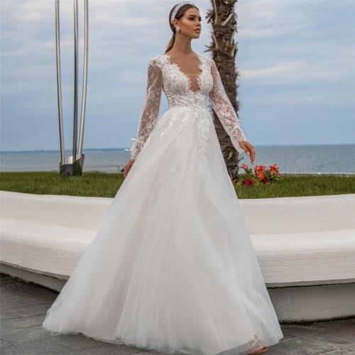 Beach Wedding Dresses 2021 with Long Sleeves V Neck A Line Bridal Gown Bohemian Vestidos De Novia Formal Boho Bride Dresses