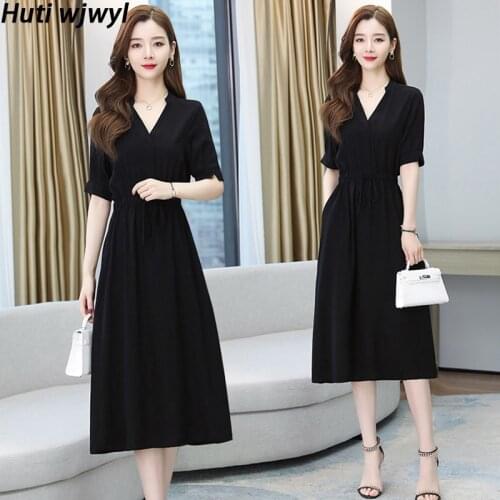 2021 Women Black Sexy V-neck Dress Plus Size Spring Summer Vintage Solid Chiffon Vestido Bodycon Party Runway Hepburn Midi Dress