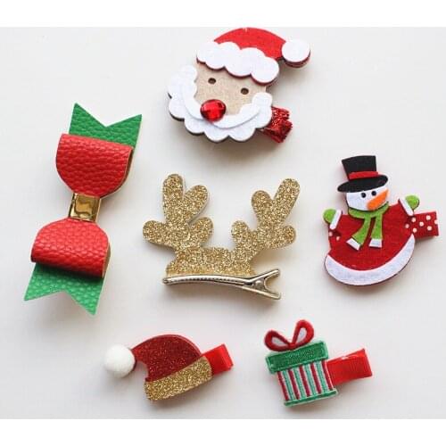 12pcs/lot Cute PU Leather Bows Hair Clip Top Quality Felt Christmas Fawn Shape Hairpin Gift Box Headwear Santa Claus Red Hat Pin