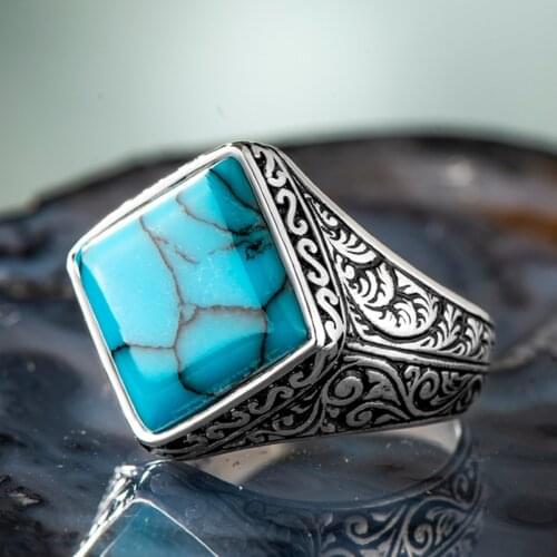 925 Sterling Silver Diamond Pattern Turquoise Stone Mens Ring Exclusive Accessory Ring for Special Ring Made in Turkey