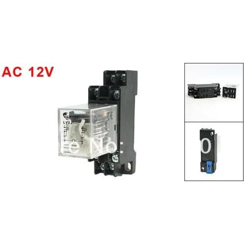 AC 12V Coil 5A 240VAC 28VDC 2P2T DPDT 2P2T 35mm DIN Rail General Purpose Electromagnetic Power Relay LY2J w 8 Pin Base Socket