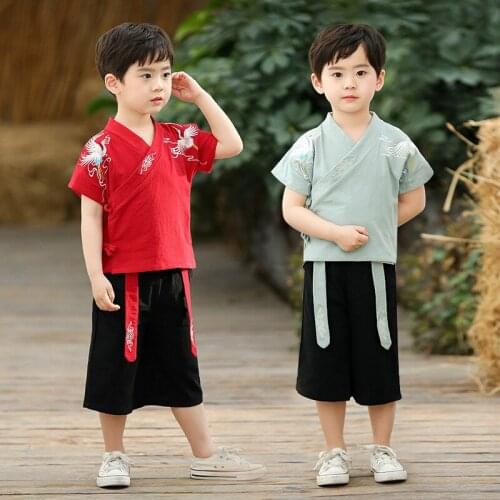 Kids Tang Suits Summer Chinese Vintage Style Short Sleeve Crane Printing Loose Soft Cotton Hanfu Sets Fashion Kawaii Clothing