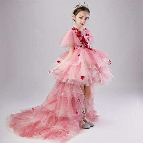 Kids Wedding Party Dresses for Girls Children Sequins Flower Elegant Gowns Pink Mermaid Dress Teenagers Girl Bridemaid Robe