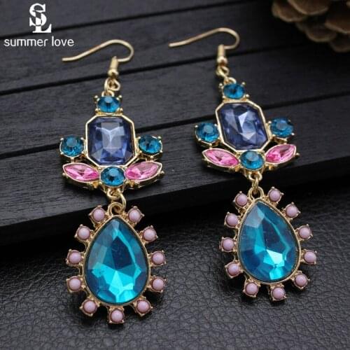 Ethnic Long Blue Crystal Dangle Earring Vintage Party Wedding Jewelry Bohemian Water Drop Dangle Earrings For Women