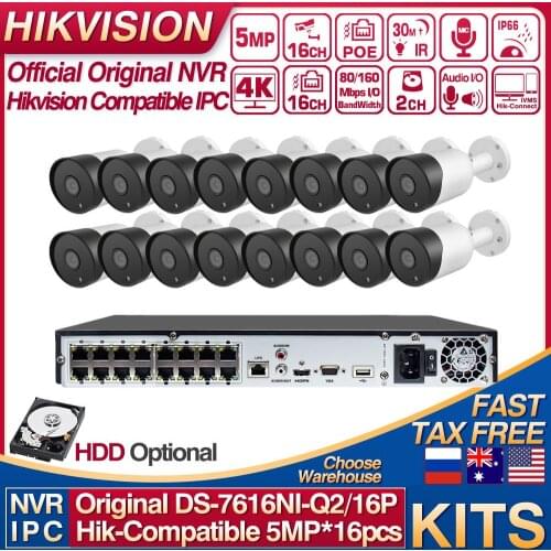 Hikvision Compatible Kits DS-7616NI-Q2/16P 16POE NVR & 5MP IP Camera Bullet POE 30M IR Built-in MIC 16pcs Plug&play CCTV System