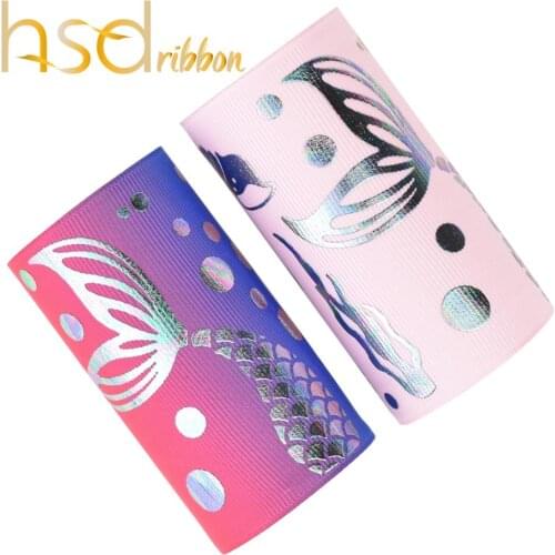 HSDRibbon 75mm 3 inch iridescence foil mermaid on HT and Pink Grosgrain Ribbon