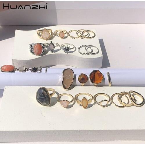 HUANZHI 2020 New Vintage Colorful Stone Daisy Marble Leopard Metal Set Finger Ring Sequins Heart Joint Ring for Women Girl Party