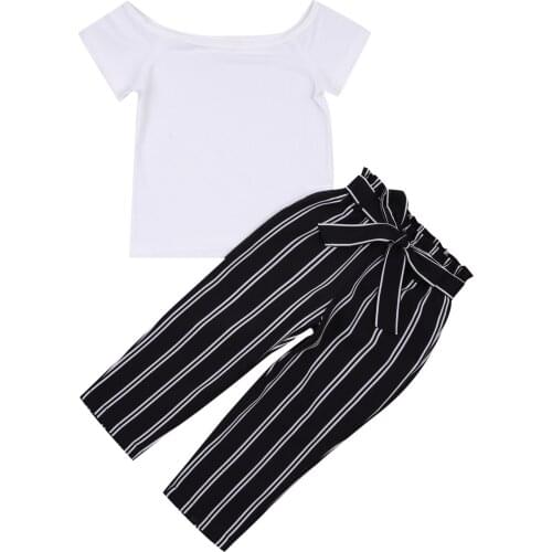 2Pcs Children Kids Girls Summer Sets Short Sleeve Solid T-shirts Tops Striped Waistband Long Pants Baby Toddler Outfits 2-7Y