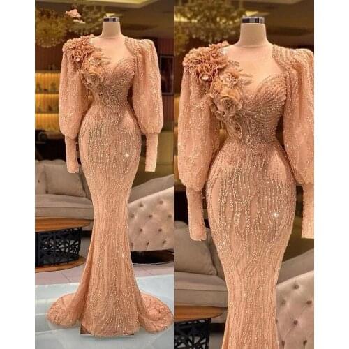 Kosovo Design Evening Dresses Long Sleeves Sheer Neck Beading Luxury Mermaid Prom Dress with 3D Floral Applqiue Party Gowns