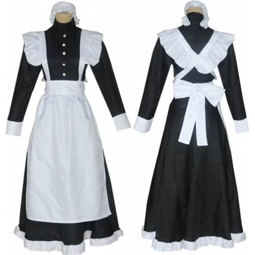Men Women Maid Costume England Servant Cosplay Fancy Long Dress With Apron hair band Medieval House Keeper Halloween costume
