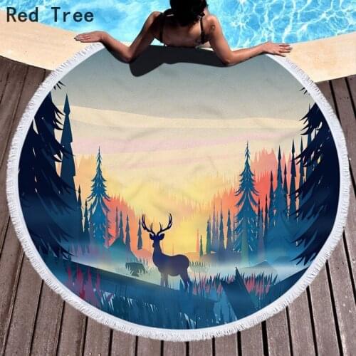 Custom Round Beach Towel For Adults Deer Elk Nightfall Printed Bath Blanket Yoga Mat With Tassels Microfiber 150cm Drop Shipping