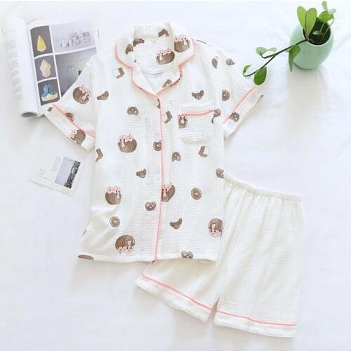 Summer Women Pajamas Short-sleeved Shorts Pijamas Thin Cartoon Plus Size Lounge Wear Double Gauze Two Piece Set Home Clothes