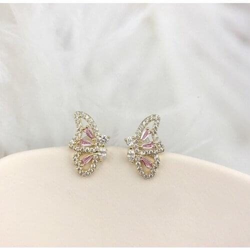 Cute Female White Pink Crystal Earrings Charm Gold Silver Color Wedding Earring Luxury Butterfly Small Stud Earrings For Women