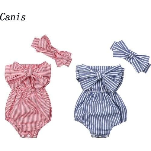 NewNew 2Pcs Baby Girls Clothes Off Shoulder Striped Bodysuit Outfit +Headband Summer Clothes