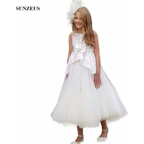 Empire Princess Flower Girl Dresses Lace Tulle Tea Length Long Girls Dresses Wedding Children Party Gowns With Bow FLG025