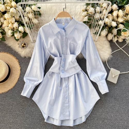 Summer Womens Dress Korean Retro Solid Color Lapel Waist Long Sleeve Shirt Dress New Slim Female Dresses DE392