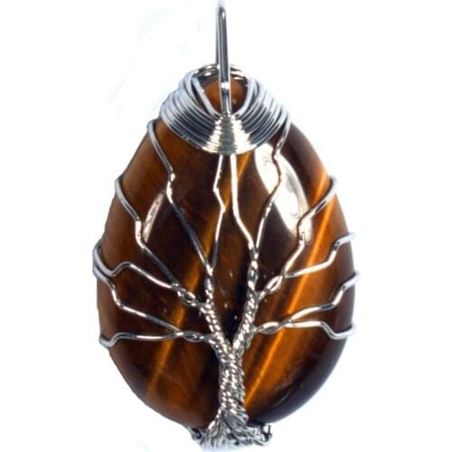 Trendy-beads Popular Silver Plated Wire Wrap Tree of Life Water Drop Tiger Eye Stone Pendant For Christmas Gift