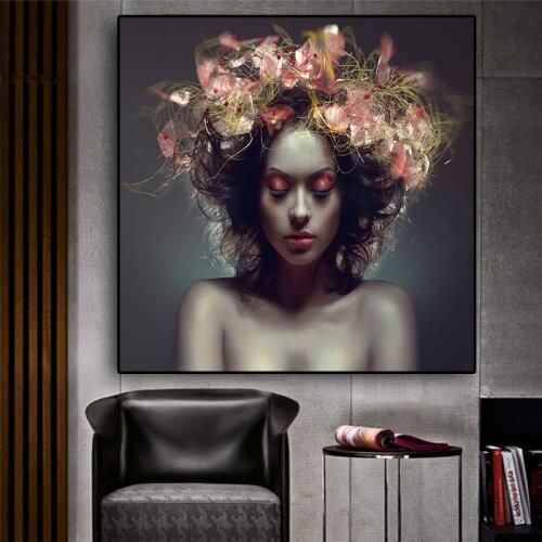 Nordic Style Beauty Flower Girl Canvas Painting Posters and Prints Scandinavian Wall Art for Living Room Home Decor (No Frame)