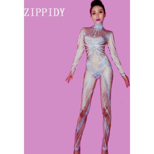 Silver Rhinestones Stretch Nude Jumpsuit Female Performance Leggings Female Singer Bright Bodysuit Costume Nightclub Wear