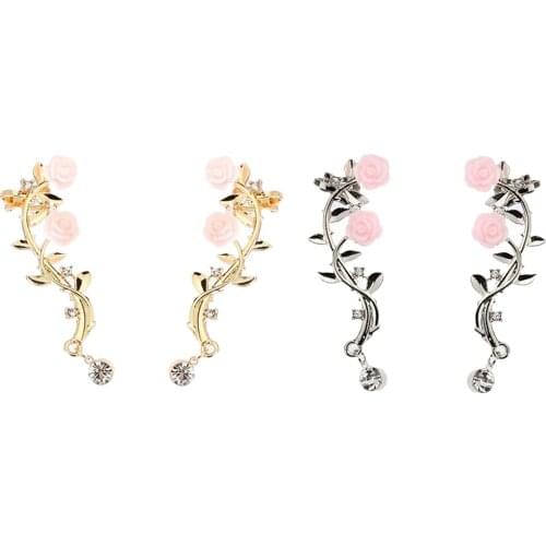 Chic Dimante Leaf Flower Ear Cuff Crawler Earrings Ladies Clip on Ear Jewelry
