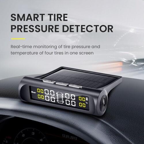 Tire Pressure Monitoring Temperature Alarm System Wireless Car TPMS Solar + USB Powered Vehicle with 4 Internal Sensors