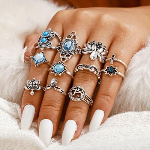 Vintage Antique Sliver Color Lotus Tortoise Knuckle Midi Ring Set for Women Blue Rhinestone Geometric Rings Jewelry Anillos