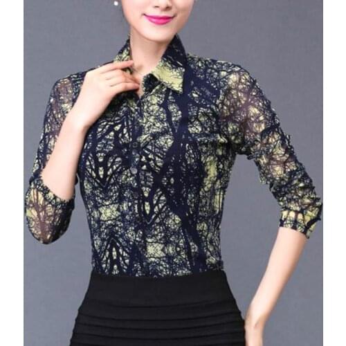 Spring Fall Fashion Women Printed Full Sleeve Single Breasted Cardigan Blouse Shirt , Autumn Casual Female Mesh Blouses Shirts
