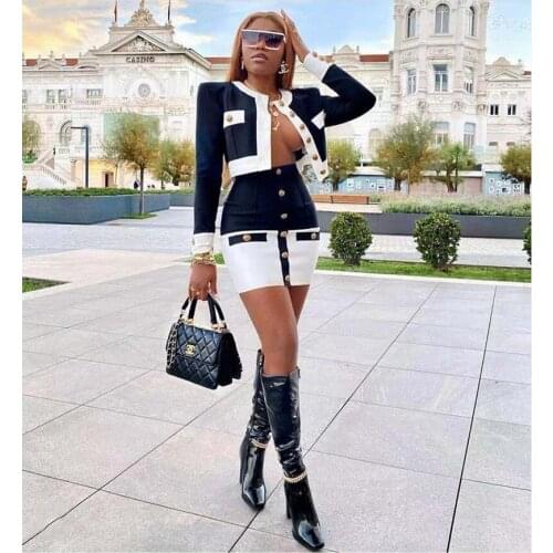 High Quality Black Against White Round Neck Long Sleeve Top, Tight Mini Skirt, Rayon Bandage Fashion Christmas Two-Piece Set