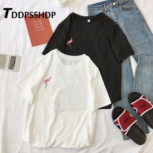 2019 New Korean Casual Personality Women T Shirt Embroidery Flamingo Fashion Cheap Tee Tops