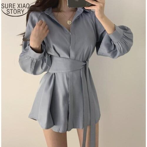 Lace Up Puff Sleeve Blouse & Wide Leg Shorts 2021 Autumn New Pant Suits Casual Short Suits for Women Female 2 Pieces Set 12376