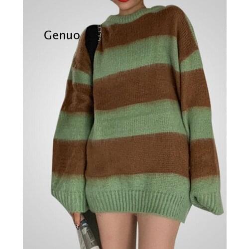 Womens Sweater Korean Autumn And Winter Dark Loose Brushed Sweater Womens New Color-blocking Sleeve Striped Sweater Warm Top
