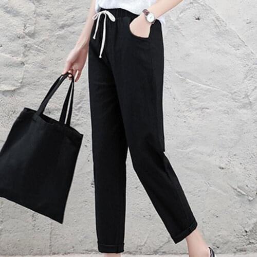 Women Casual Pants Solid Color Waist Drawstring Elastic Waistband Cotton Pencil Pants Harem Trousers High Quality for Female